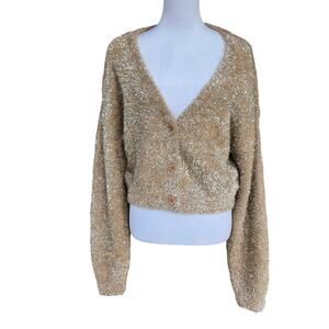 Forever 21 Metallic Fuzzy Knit Cropped Cardigan Sweater Sz L Y2K Glam/Partywear